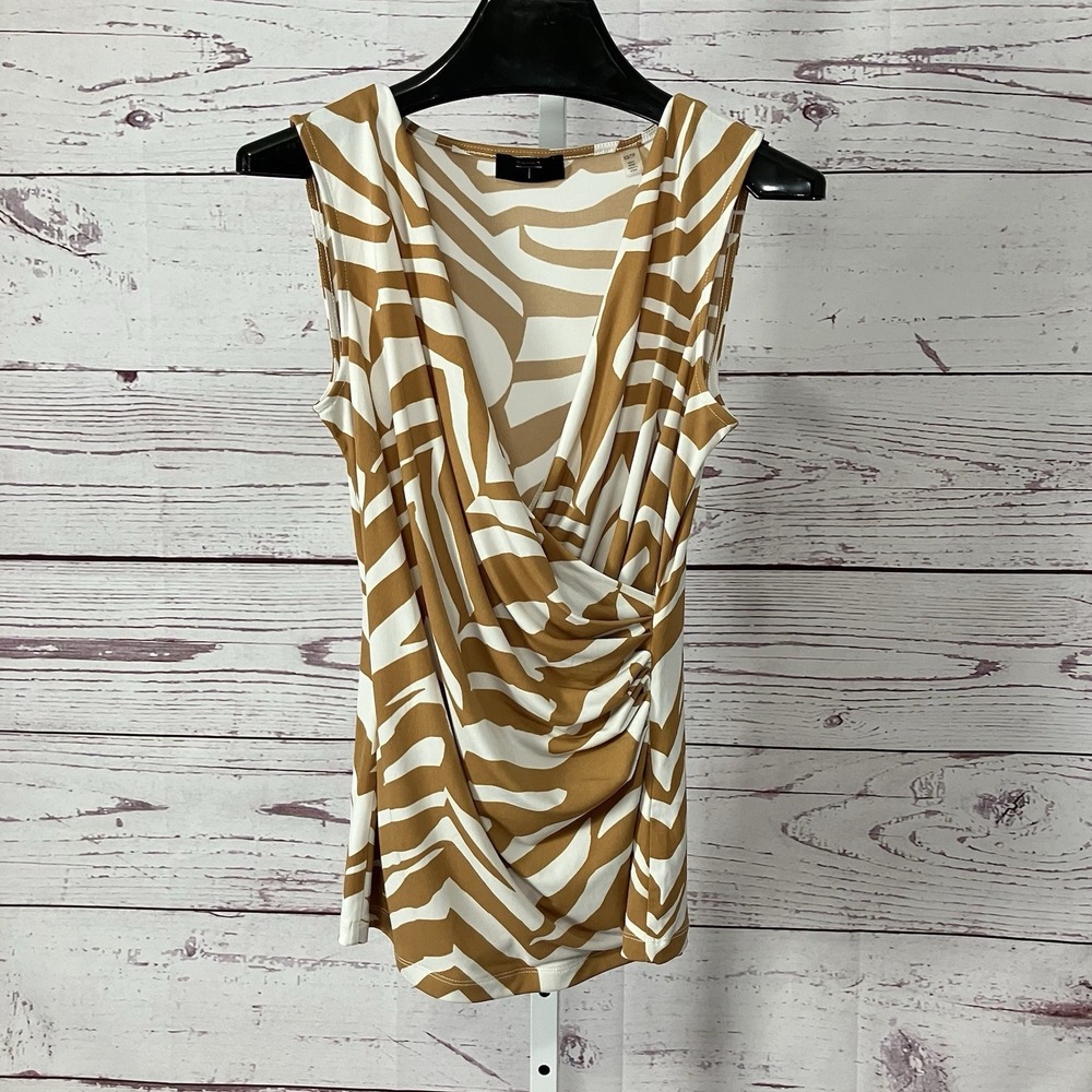 T Tahari Zebra Print Wrap Top XS Brown Cream Surplice Stretch NWOT